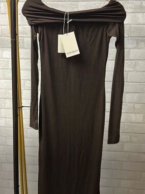 Peppermayo Chocolate Brown Off-Shoulder Long Sleeve Dress maxi